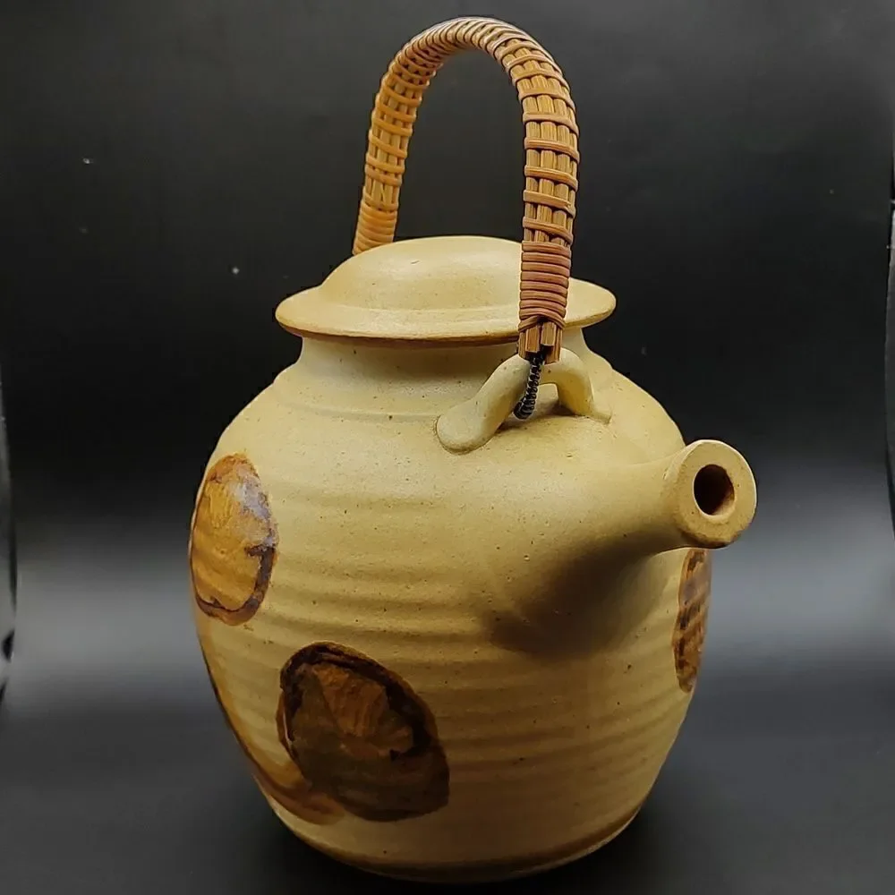 Vintage MCM California Art Pottery Teapot with a Woven Wicker Handle